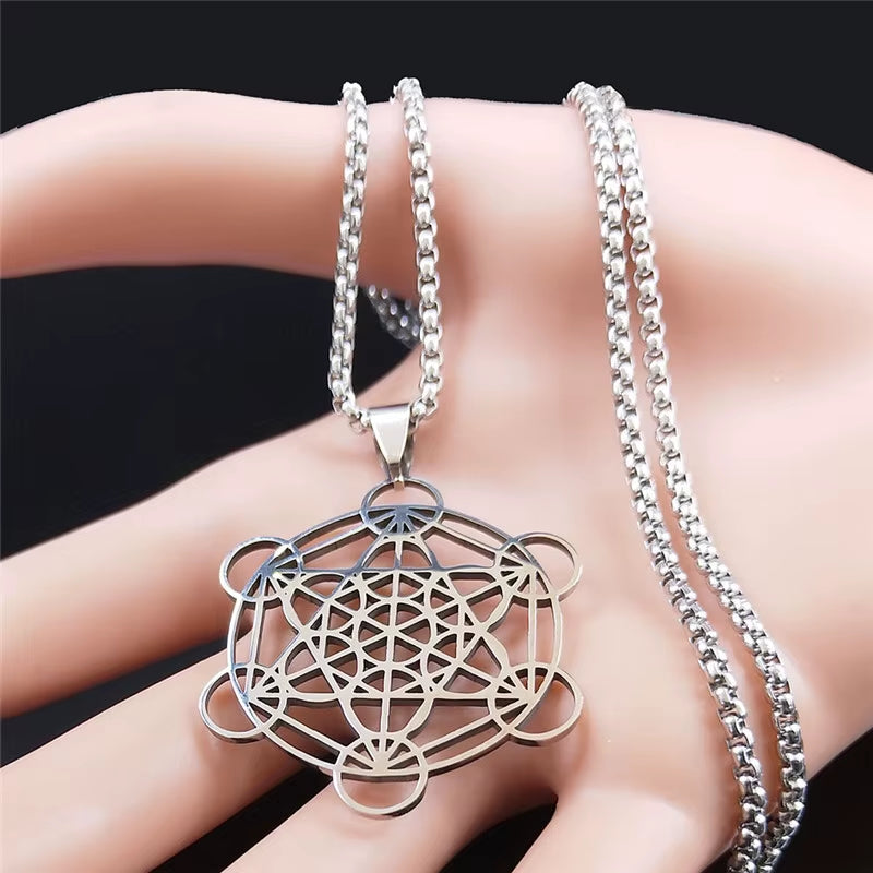 Flower of Life Chakra Spiritual Necklace for Women Stainless Steel Sacred Geometry Metatron Cube Salomon Men Collar Jewelry