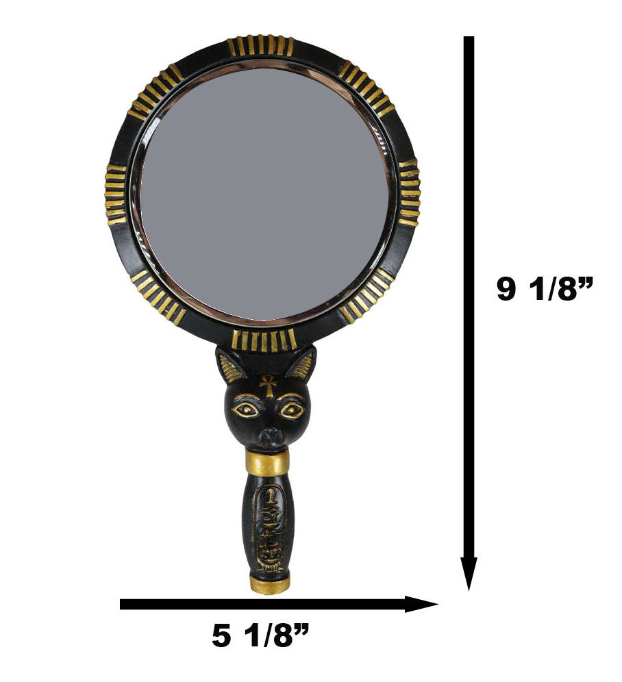 Ancient Egyptian Hieroglyphs Golden Goddess Bastet Cat Hand Mirror Figurine