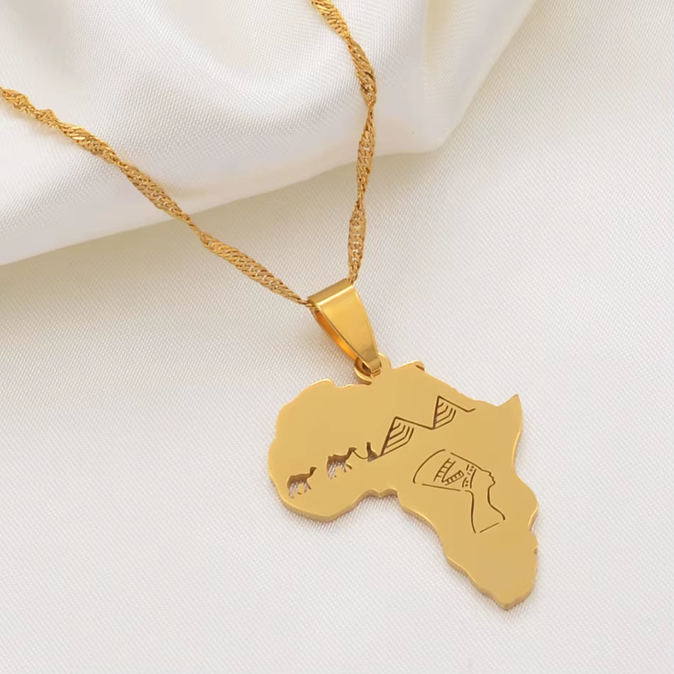 Africa Map with Egyptian Queen Nefertiti Camel Pyramid Pendant Necklaces African Jewelry @112221