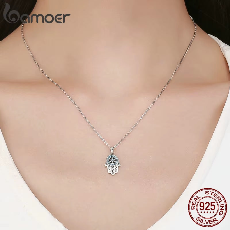 Genuine 925 Sterling Silver Trendy Fatima'S Guarding Hand Pendant Hamsa Lucky Necklaces for Women Fine Jewelry Gift