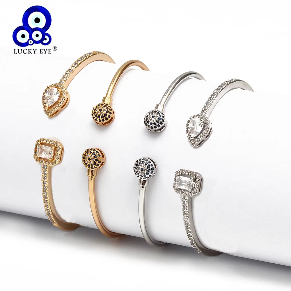 Open Cuff Bracelet Bangle Gold Silver Color Copper Micro Pave Zircon Evil Eye Bangle for Women Men Fashion Jewelry