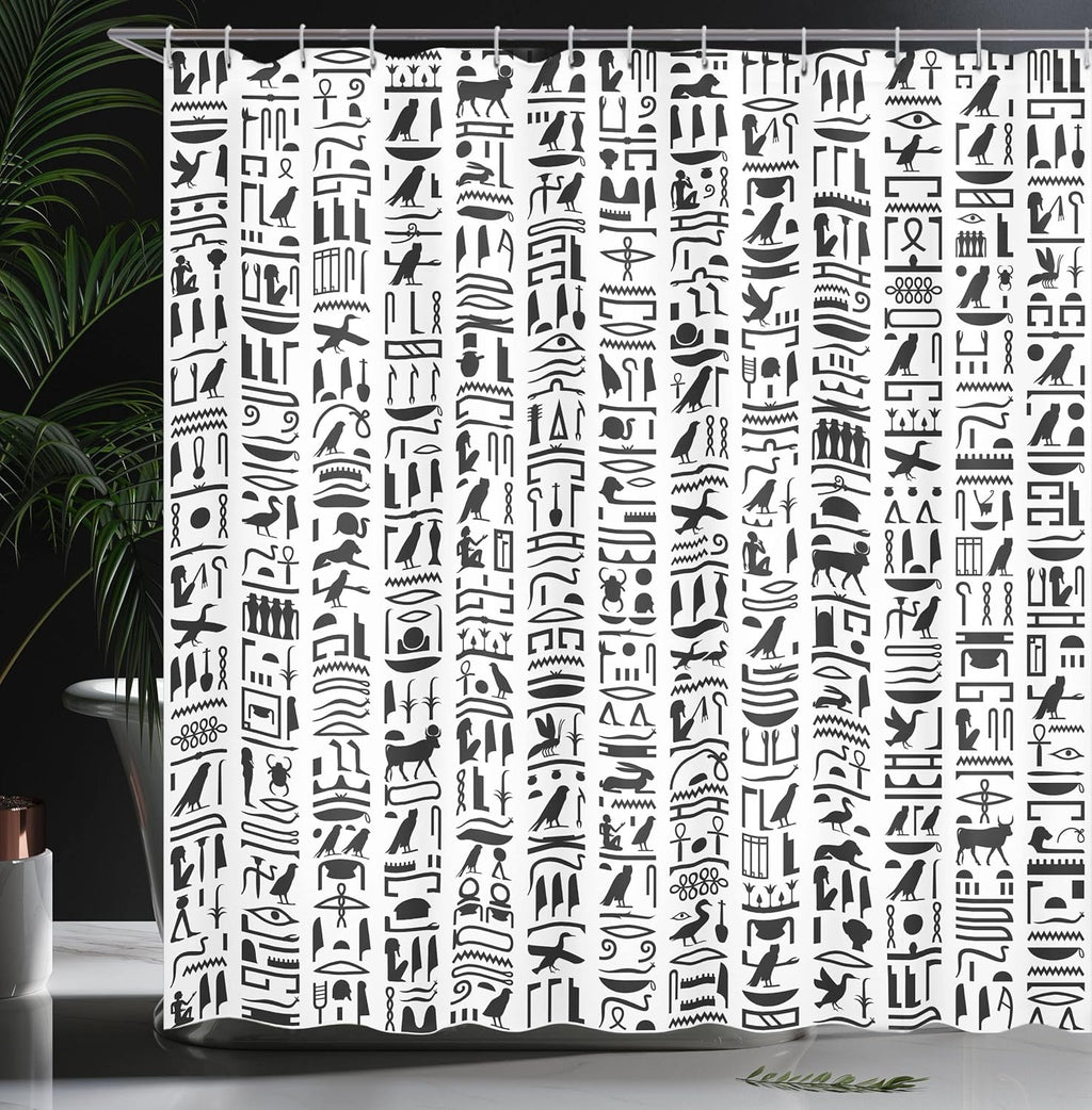 Egyptian Print Shower Curtain, Egyptian Hieroglyphic Writing Monochrome Composition Old Signs, Cloth Fabric Bathroom Decor Set with Hooks, 69" W X 75" L, Charcoal and White