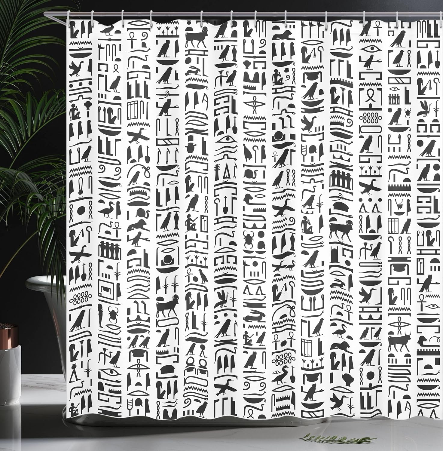 Egyptian Print Shower Curtain, Egyptian Hieroglyphic Writing Monochrome Composition Old Signs, Cloth Fabric Bathroom Decor Set with Hooks, 69" W X 75" L, Charcoal and White