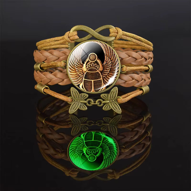 Ancient Egyptian Handmade Bracelet Ankh Luminous Glass Dome Rope Bracelets for Women Gift Egypt Cross Anubis Scarab Isis Goddess