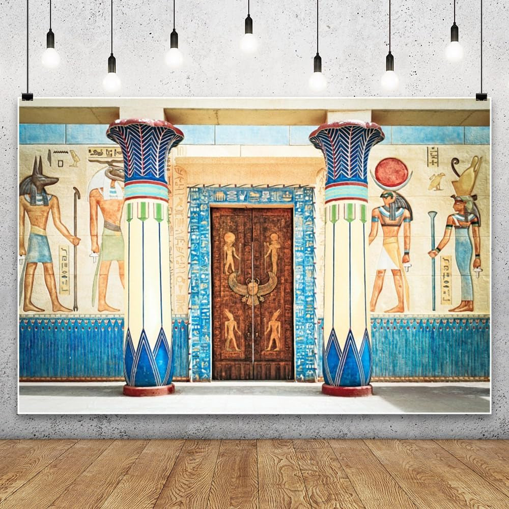 7X5Ft Vinyl Ancient Egyptian Mural Painting Backdrop Pharaoh Hieroglyphics Hand Painted Pillars Religion Artistic Belief Carving Door Photography Background Kids Adults Photo Studio Props