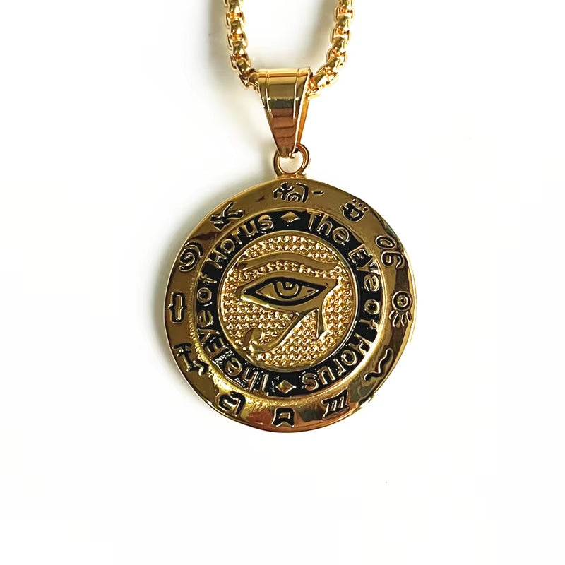 Hip Hop Ancient Egypt round Jewelry Collares Gold Color Stainless Steel Chain Egyptian Eye of Horus Necklaces & Pendants