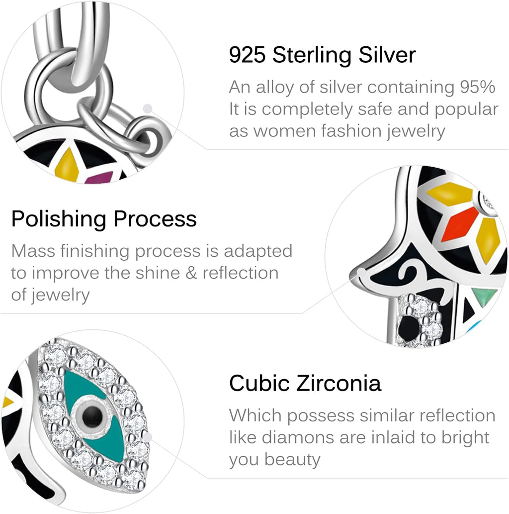 Evil Eye Charms 925 Sterling Silver Charms for Bracelet and Lucky Jewelry Hamsa Charm Fatima Charms Beads European Charm Evil Eye Compatible Bracelet Necklace for Women Mother Sister Gifts