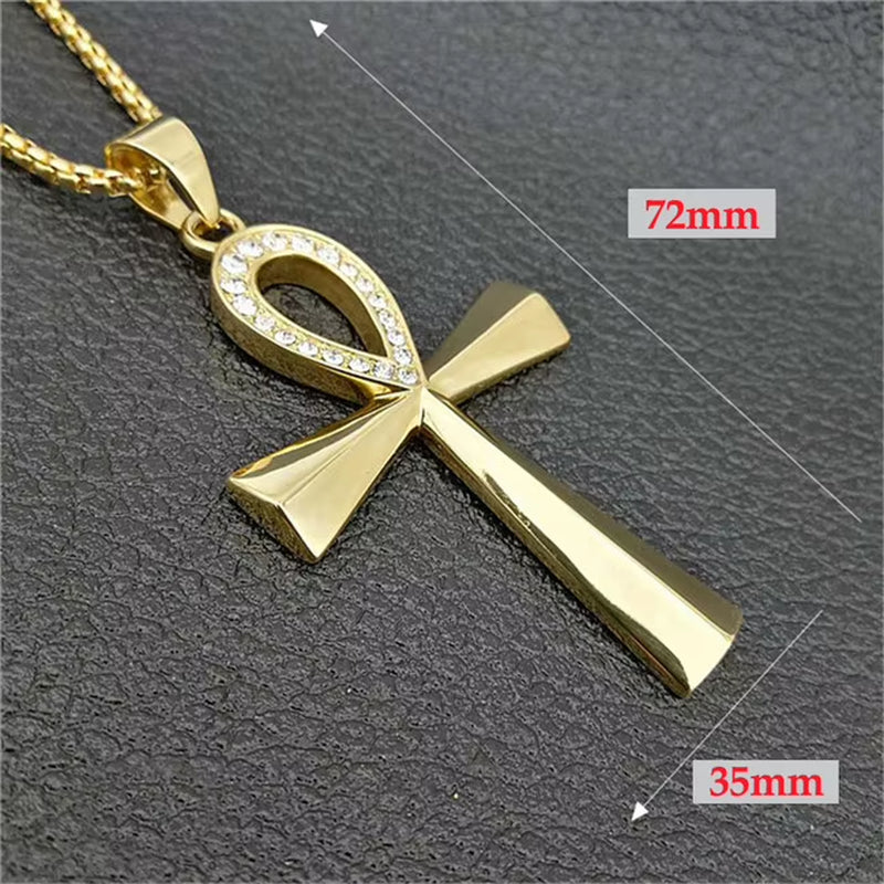 Egypt Iced Out Bling Ankh Cross Pendant Necklace for Women and Men Key of Life Stainless Steel Egyptian Jewelry Dropshipping