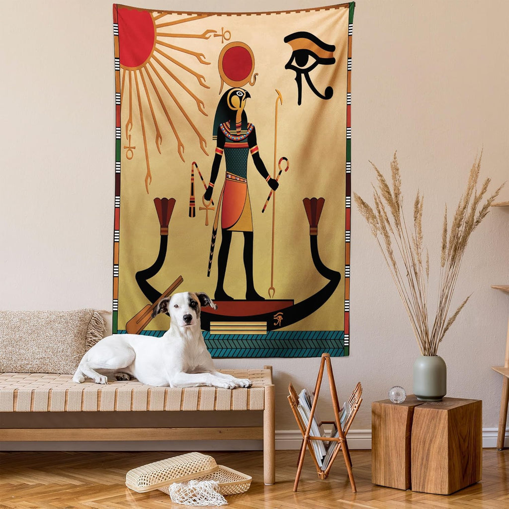 Egyptian Print Tapestry Queen Size, Sun Old Egyptian Timeless Grace Antique Tradition Illustration, Wall Hanging Bedspread Bed Cover Wall Decor, 88" X 88", Cream Red