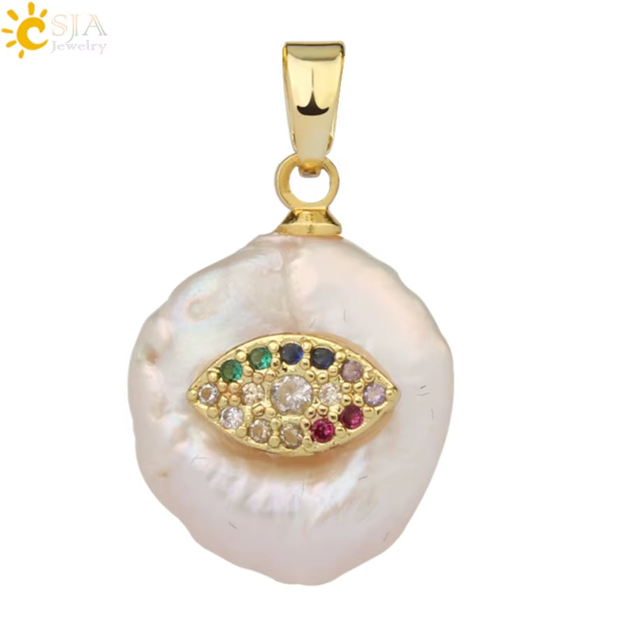 CSJA Coin Freshwater Pearl Pendants Small Size Evil Eye Hamsa Fatima Hand Zircon Gold Color Necklace Choker for Women Girls G205