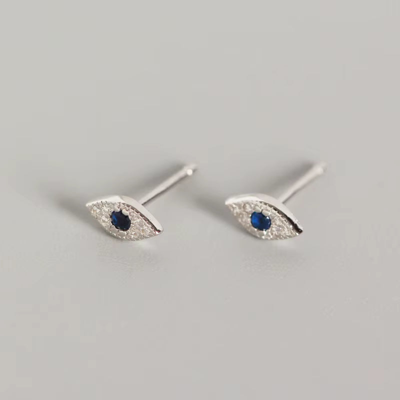 Genuine 100% Sterling Silver Pave Blue Zircon Demon Eyes Stud Earrings for Women Fashion Bihemian Evil Eye Jewelry Gift