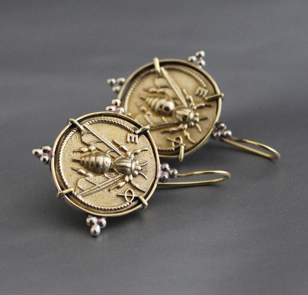 Honeybee Coin Earrings: Brass Ancient Roman Style Jewelry