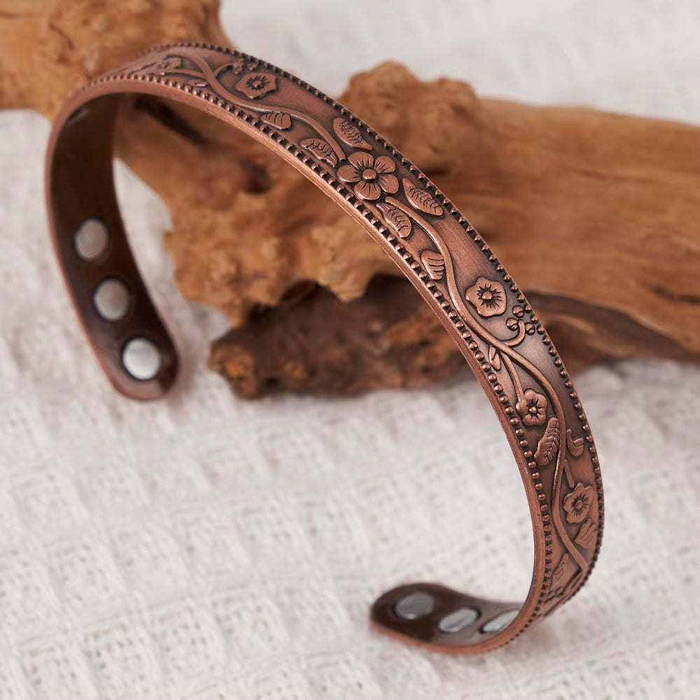 Magnetic Bracelet Retro Flower Ring Bracelet Set Adjustable Men'S and Women'S Plated Ancient Red Copper Magnetic Bracelet