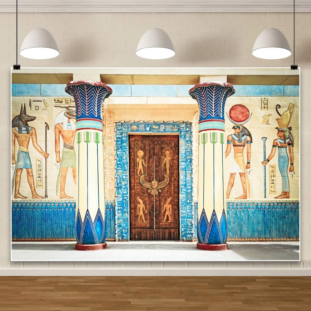7X5Ft Vinyl Ancient Egyptian Mural Painting Backdrop Pharaoh Hieroglyphics Hand Painted Pillars Religion Artistic Belief Carving Door Photography Background Kids Adults Photo Studio Props