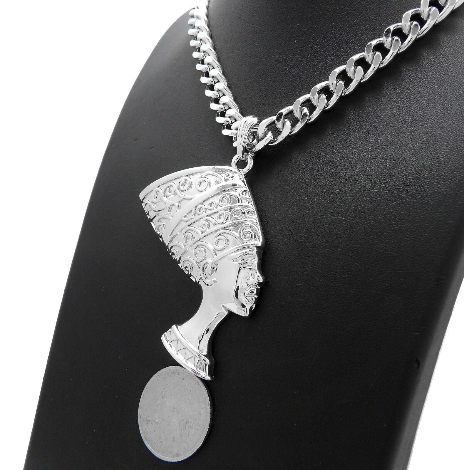 GOLD PLATED EGYPTIAN QUEEN NEFERTITI PENDANT & 10Mm CUBAN CHAIN HIP HOP NECKLACE