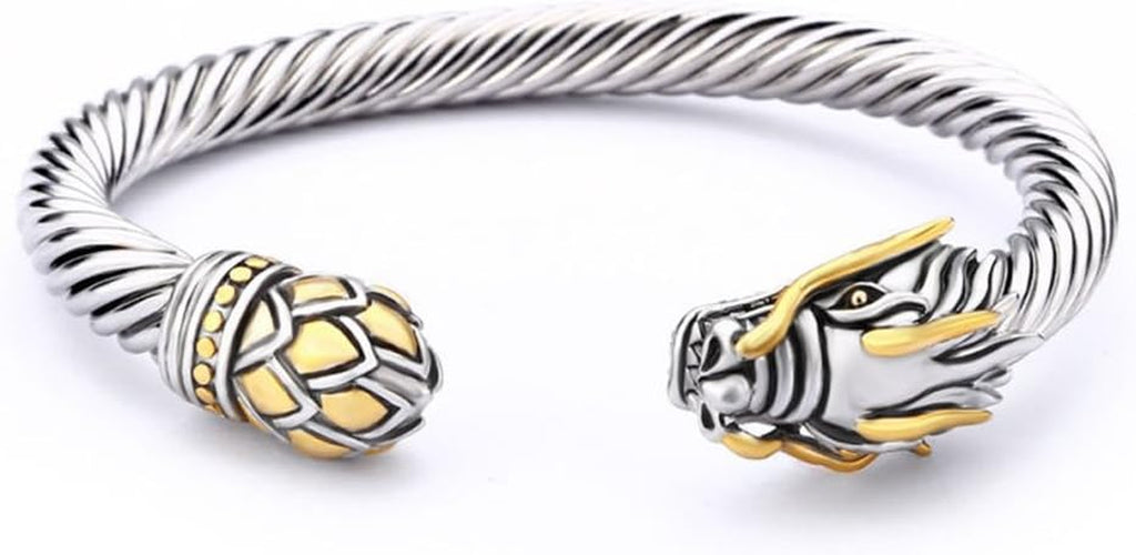 Jewelry Chinese Dragon Scale Ball, Dragon Cuff Bangle, Spring Open Two Tone Twisted Cable Vintage Cuff Bangle