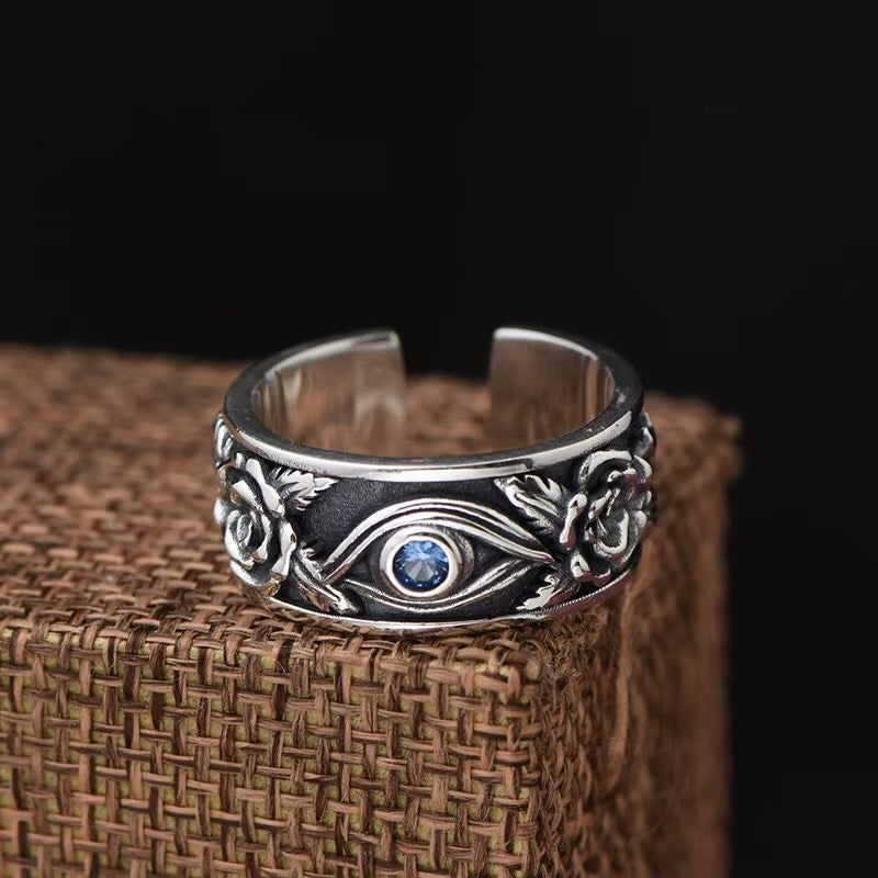 Retro Blue Horus Eye Rose Ring for Men Silver Color Punk Gothic Adjustable Ring Handmade Unisex Jewelry Accessories Lovers Gift