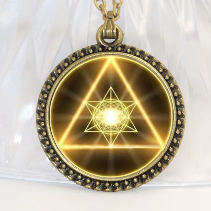 Gold Sacred Geometry Cabochon Glass Tibet round Chain Pendant Necklace HZ1