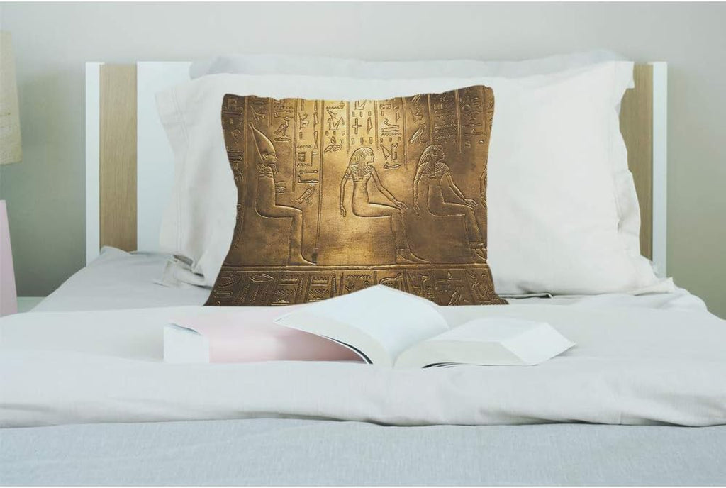 Egyptian Hieroglyphics Throw Pillow Cover Ancient Golden Art Symbol Historical Civilization Cozy Square Cushion Case for Men Women Boys Girls Room Home Decor Cotton Linen 18X18 Inch